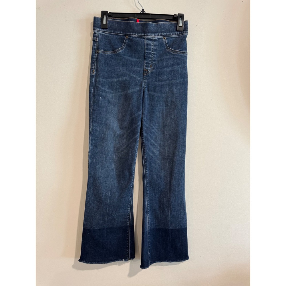 Spanx Flare Pull On Jeans Womens Small Blue‎ Two Tone Raw Hem Slimming